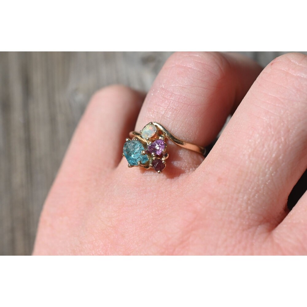 Engagement ring, Aquamarine opal alexandrite garnet, raw stone rings, alternativ